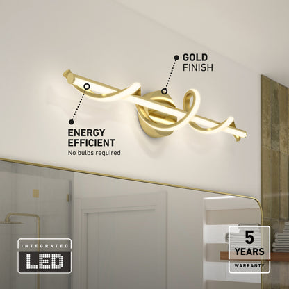The Artika Coda modern LED bathroom vanity light offers a stylish gold finish, twisted design, energy efficiency, 5 CCT options, integrated LEDs with no bulbs required, and comes with a 5-year warranty. Perfect for mounting above your mirror.