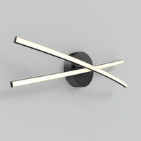 The Artika Orly 25-in (64 cm) Modern Integrated LED 3-CCT Vanity Light features two sleek, illuminated bars crossing in an X shape on a round black base—ideal for elevating any contemporary bathroom decor.