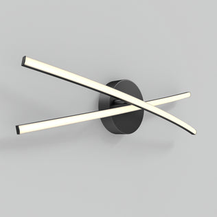 The Artika Orly 25-in (64 cm) Modern Integrated LED 3-CCT Vanity Light features two sleek, illuminated bars crossing in an X shape on a round black base—ideal for elevating any contemporary bathroom decor.