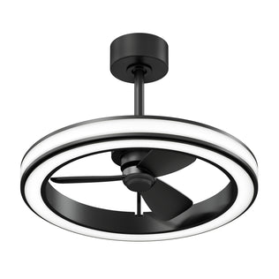 The Artika Edwin 23 in. LED fandelier features a modern black design, circular light, remote, and three blades for an industrial look.