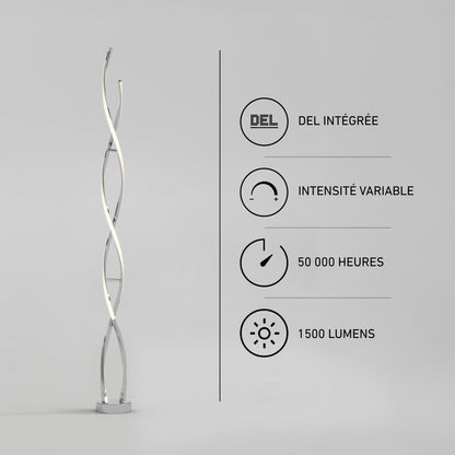 An Artika Swirl modern LED floor lamp with a spiraling design, 1500 lumens, dimmable integrated lighting, and a 50,000-hour lifespan.