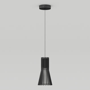 The Artika Kiyo modern LED pendant 3 CCT features a sleek black slatted cage design, suspended by a thin cord against a plain white background.