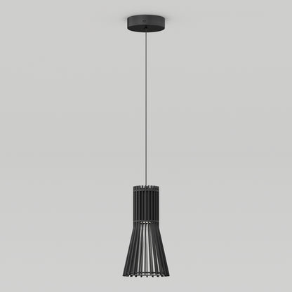 The Artika Kiyo modern LED pendant 3 CCT features a sleek black slatted cage design, suspended by a thin cord against a plain white background.