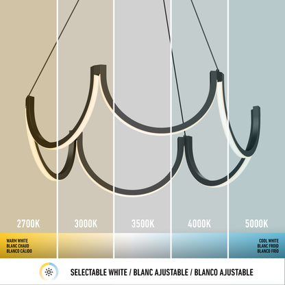 Artika’s Adelia LED pendant light 5 CCT features segmented lighting, with each section showing a different color temperature: 2700K (warm white), 3000K, 3500K, 4000K, and 5000K (cool white). Temperature values are labeled below.