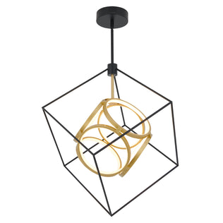 The Artika Luxury LED pendant light features a black metal wireframe cube with concentric gold rings inside, offering a geometric and contemporary design.