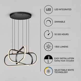 The Artika Lewis modern LED pendant light 3 CCT features integrated dimmable LEDs, selectable white color technology, 1800 lumens, a 50,000-hour lifespan, and easy installation in a sleek black and white design.