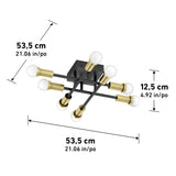 A modern ceiling light fixture with six exposed bulbs, black intersecting rods, and gold-tone bulb holders. Dimensions are 53.5 cm wide and long, and 12.5 cm high. Measurements are shown in centimeters and inches.
