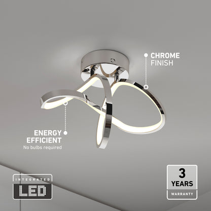 Modern ceiling light fixture with chrome finish and integrated LED strips, featuring a flowing, looped design. Text highlights “energy efficient,” “chrome finish,” and a “3 years warranty.” No bulbs required.