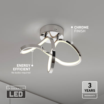 The Artika Loop modern LED flush mount light features a sleek chrome finish, artistic looped design, 3 selectable color temperatures, energy efficiency labels, and comes with a 3-year warranty.