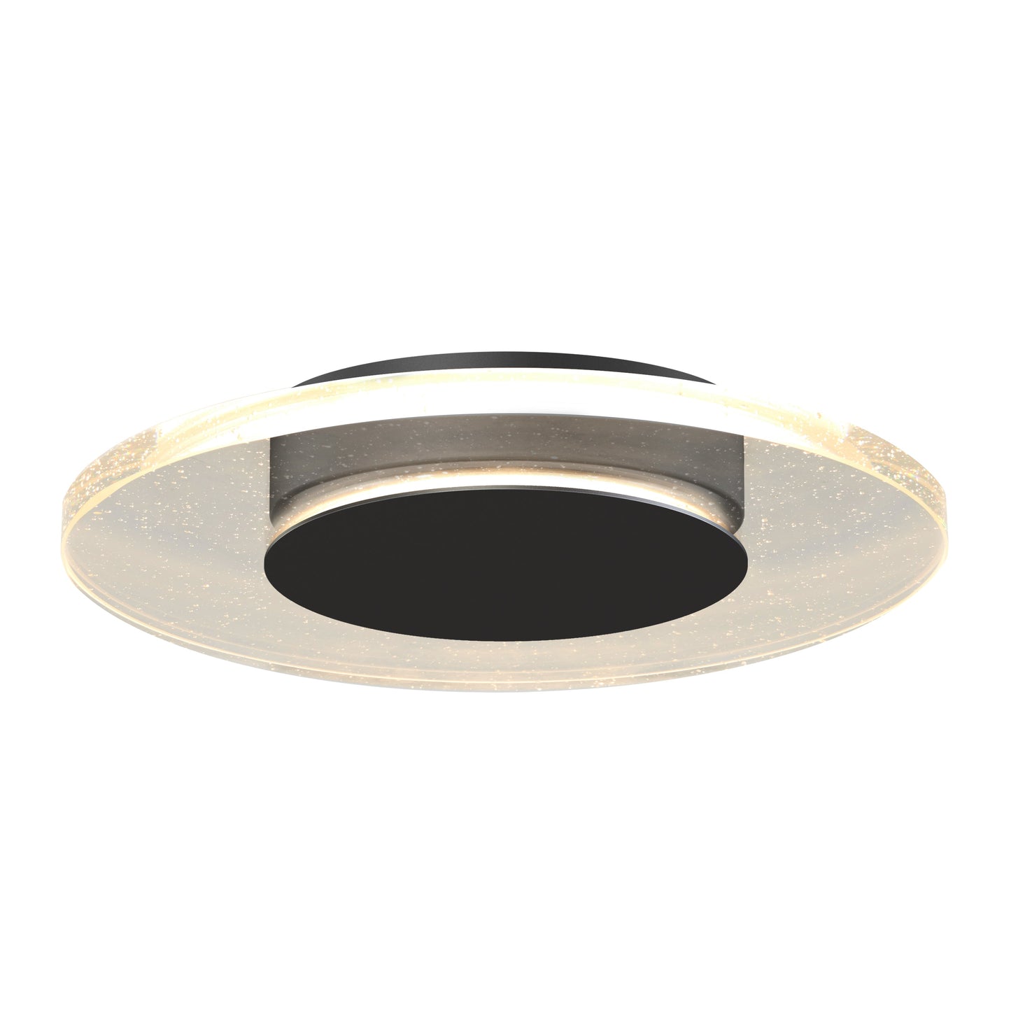 The Artika-CAN-dev Essence Disk LED flush mount features a black central disk and translucent glass diffuser, creating a soft circular glow and modern style, shown here against a white background.