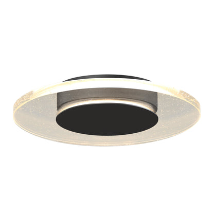 The Artika-CAN-dev Essence Disk LED flush mount features a black central disk and translucent glass diffuser, creating a soft circular glow and modern style, shown here against a white background.