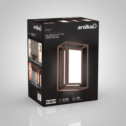 A black box package for the Artika Ghost indoor-outdoor LED wall light, featuring a product image, key details, and smaller photos displaying the fixture mounted on a wall.