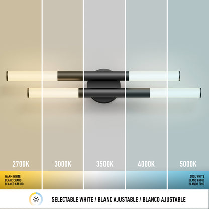 The Artika Boro LED modern bathroom vanity light offers 5 selectable color temperatures—2700K, 3000K, 3500K, 4000K, and 5000K—ranging from warm yellow to cool blue shades.