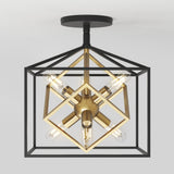 A modern ceiling light fixture with exposed bulbs, featuring intersecting black and gold geometric cubes for a contemporary design.