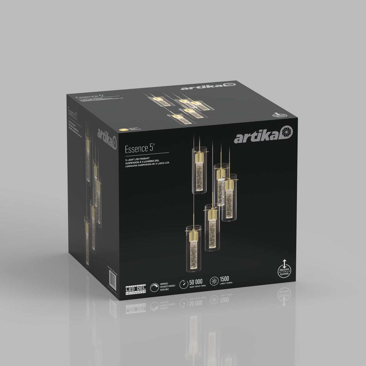 A black box featuring the Artika logo and the “Essence 5” pendant light fixture. The box displays images of five hanging glass tube lights with gold accents. Product specs and icons are shown on the front.
