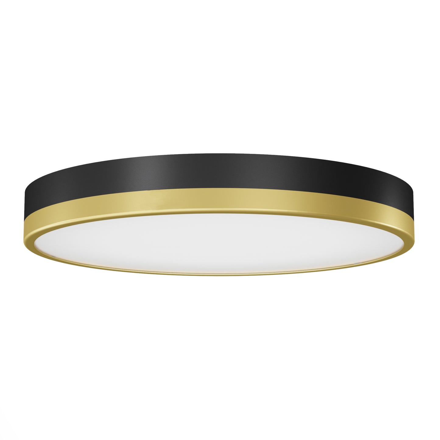 The Artika Kent LED flush mount light features a modern round design with black and gold trim and a flat white diffuser at the center.