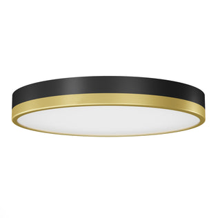 The Artika Kent LED flush mount light features a modern round design with a black and gold outer rim and a white diffuser, shown from a lower angle.