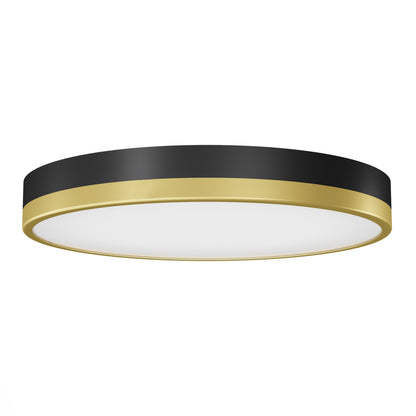 The Artika Kent LED flush mount light features a modern round design with a black and gold outer rim and a white diffuser, shown from a lower angle.