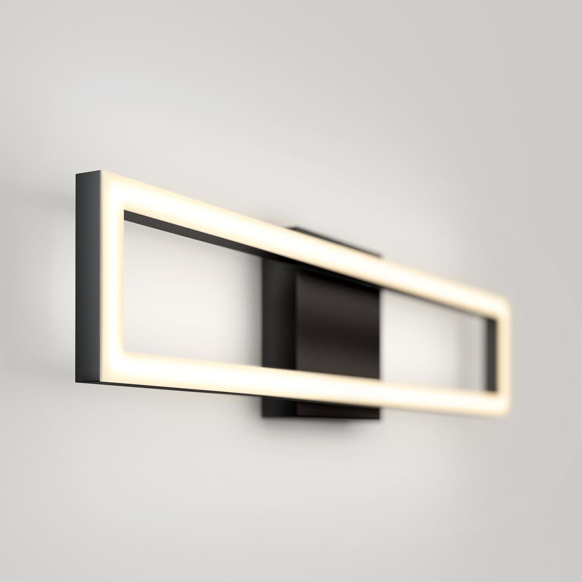 The Artika Dover 27-in Integrated LED 5-CCT Vanity Light Bar features a modern rectangular black frame with glowing edges—perfect for adding sleek style and chrome accents to any contemporary bathroom.
