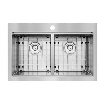 Top view of the Artika Newport double bowl stainless steel sink featuring metal grids in each basin and a single centered faucet hole at the back.
