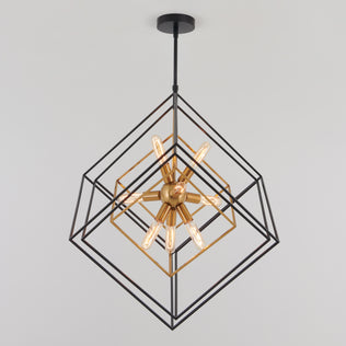 Artika’s Imperium 9-light chandelier has black/gold frames and exposed bulbs in a bold, geometric starburst design.