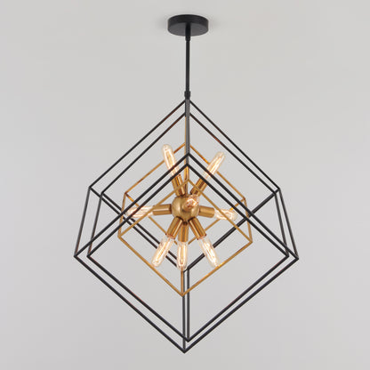 Artika’s Imperium 9-light chandelier has black/gold frames and exposed bulbs in a bold, geometric starburst design.