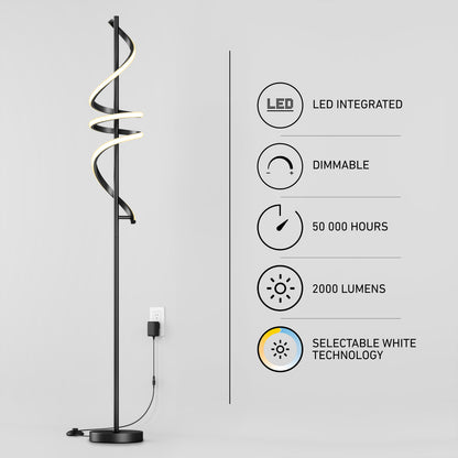 The Artika Coda modern LED floor lamp 5CCT stands by a wall outlet, with icons showing features: dimmable, LED integrated, 50,000-hour lifespan, 2000 lumens brightness, and selectable white technology.