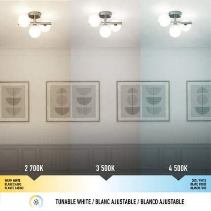 A room lit by the Artika Bloom LED flush mount displays three lighting temperatures—warm white (2700K) left, neutral white (3500K) center, and cool white (4500K) right—each altering how the wall art appears.