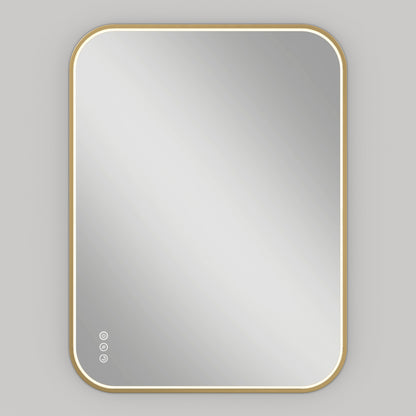The Artika Royce Dimmable LED Mirror, featuring three CCT options, a gold frame with rounded corners, and touch controls, is mounted horizontally on a light gray wall.