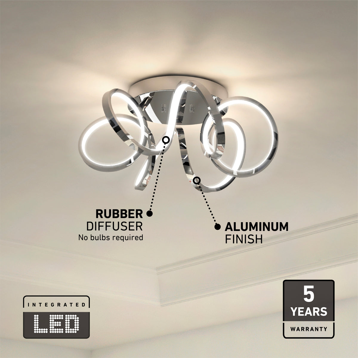 A modern ceiling light fixture with twisted loops, highlighted features include a rubber diffuser (no bulbs required) and aluminum finish. Also shown: “Integrated LED” and “5 years warranty.”.