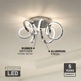 A modern ceiling light fixture with twisted loops, highlighted features include a rubber diffuser (no bulbs required) and aluminum finish. Also shown: “Integrated LED” and “5 years warranty.”.