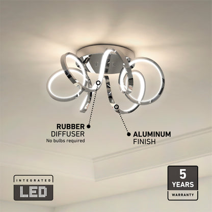 The Artika Swirl Ribbon LED flush mount light features intertwined LED loops, a rubber diffuser, aluminum finish, dimmable integrated LED (no bulbs needed), a 5-year warranty, and mounts on a white ceiling.