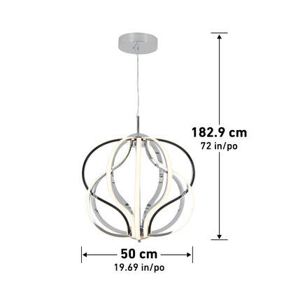 The Artika Meridian LED pendant light features interwoven black and white loops, suspended from a round ceiling mount. Dimensions: 182.9 cm (72 in) height x 50 cm (19.69 in) width.