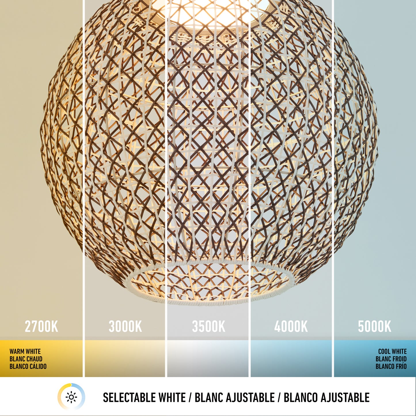 The Artika Benson LED pendant light 5 CCT is displayed under five color temperatures, from warm white (2700K) to cool white (5000K), showcasing its selectable white lighting options.