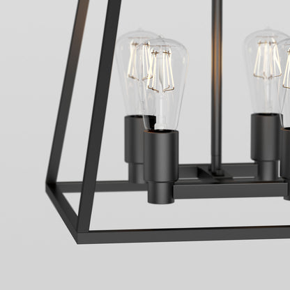 Close-up of the Artika Carter Square 4-light Chandelier, a modern black metal fixture with exposed Edison bulbs and a geometric rectangular frame, shown against a plain light gray background.