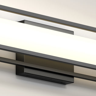 The Artika Venicia LED Bathroom Vanity Light features a rectangular black base and a long, frosted horizontal light bar, casting a soft glow—ideal for adding modern style to your bathroom.