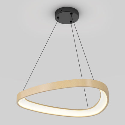 The Artika Bjorn modern LED pendant light 5 CCT features a black mount and three black cables holding an asymmetrical, oval wooden ring with an integrated LED.