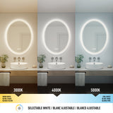 A bathroom mirror with integrated lighting is shown in three color temperatures: warm white (3000K), neutral white (4000K), and cool white (5000K), above a white sink with towels and small plants.