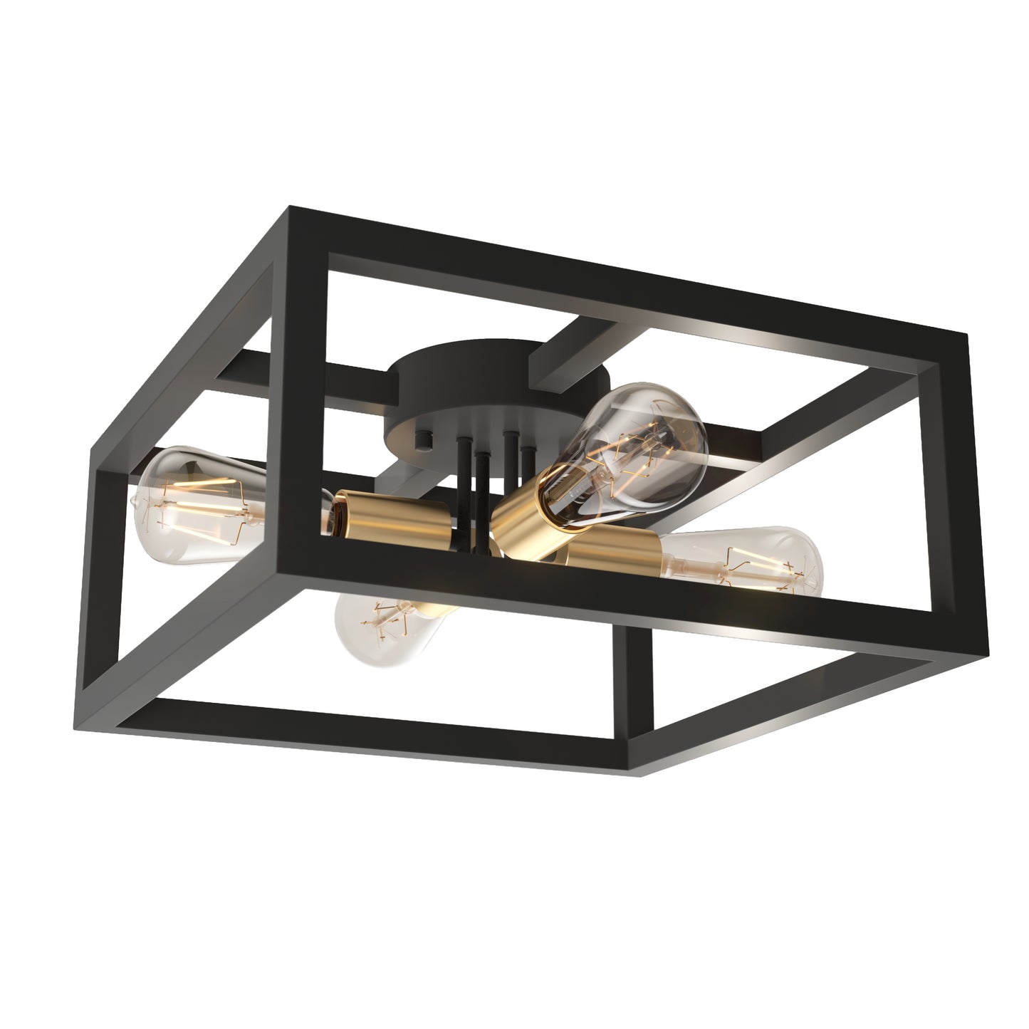 The Artika Princeton 4-light flush mount features a modern black rectangular frame, gold accents, and four exposed bulbs in an X shape.