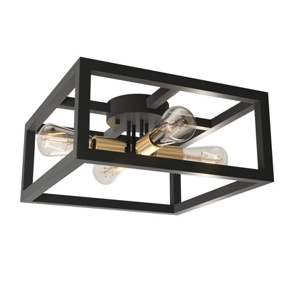 The Artika Princeton 4-light flush mount features a modern black rectangular frame, gold accents, and four exposed bulbs in an X shape.
