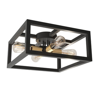 The Artika Princeton 4-light flush mount features a modern black rectangular open frame and four exposed bulbs attached to a central gold-colored crossbar.