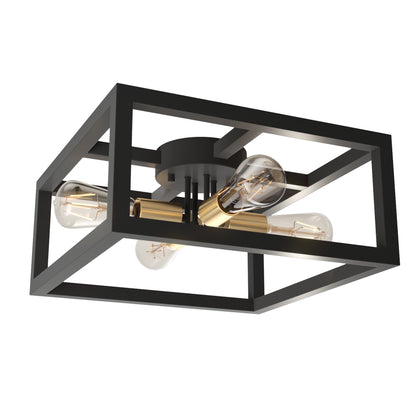The Artika Princeton 4-light flush mount features a modern black rectangular open frame and four exposed bulbs attached to a central gold-colored crossbar.