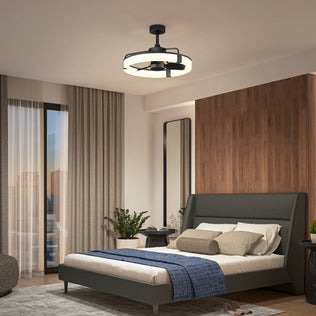 Modern bedroom with gray bed, blue blanket, plants, wood wall, and Artika Sunnyvale 23" LED fandelier ceiling fan with remote.