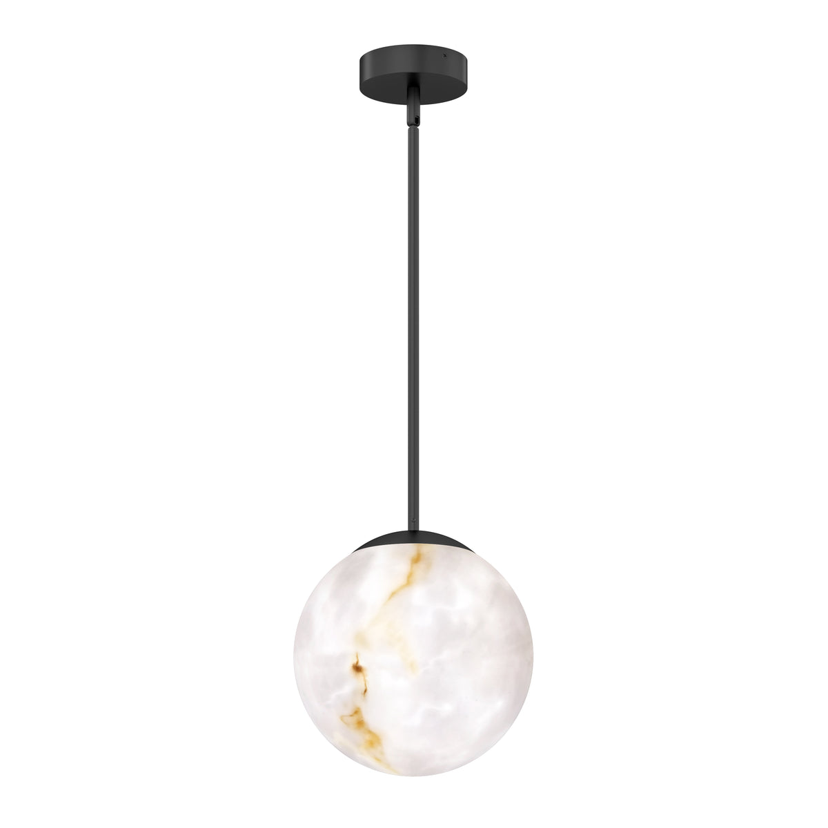 A modern pendant light featuring a spherical, marble-patterned white glass shade hanging from a slim black rod and ceiling mount.