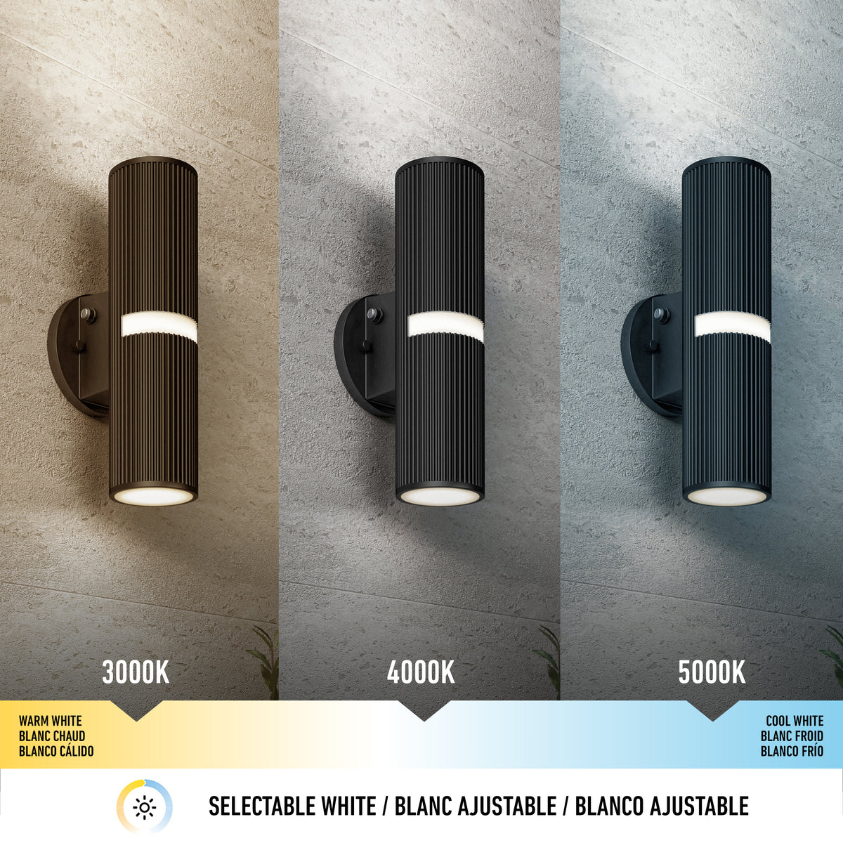Three identical cylinder wall lights are shown on textured walls, each emitting different color temperatures: warm white (3000K), neutral white (4000K), and cool white (5000K). A color temperature scale is displayed below.