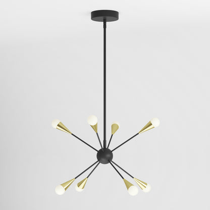 The Artika Wayden modern LED pendant light 3 CCT features a black central sphere, radiating black rods with gold accents, and white globe bulbs, suspended from a black ceiling mount against a white background.