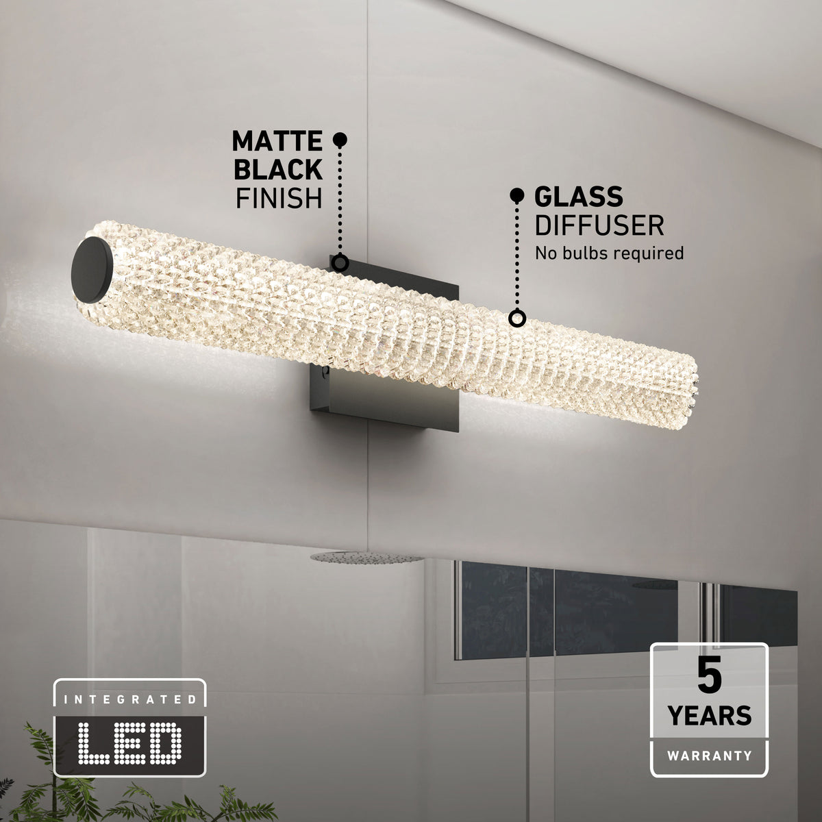 Artika Exalto 27-in LED vanity light bar for bathrooms; matte black finish, glass diffuser, 5-year warranty, no bulbs needed.