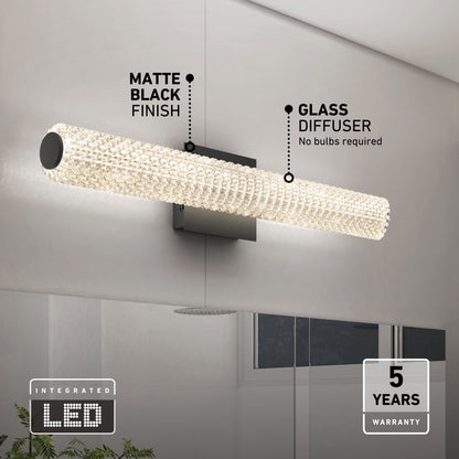 Artika Exalto 27-in LED vanity light bar for bathrooms; matte black finish, glass diffuser, 5-year warranty, no bulbs needed.