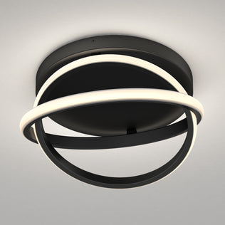 The Artika Orbia modern LED flush mount light features two intersecting black metal rings with glowing white LEDs, mounted on a round black base. Selectable 3 CCT color temperatures included.