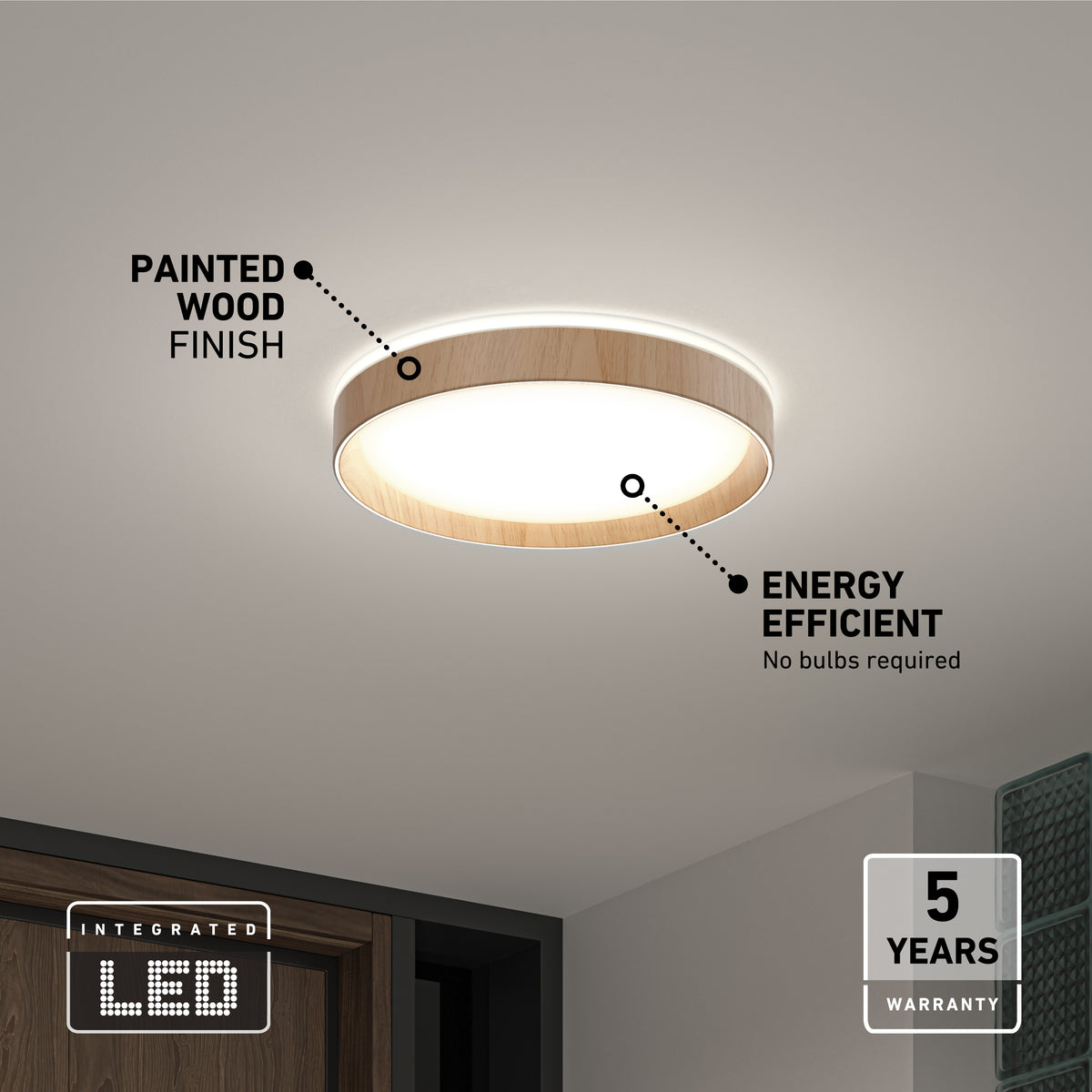 Circular ceiling light with a painted wood finish, emitting a soft glow. Text highlights its energy efficiency (no bulbs required) and a 5-year warranty. Integrated LED is noted in the bottom left corner. Modern interior setting.